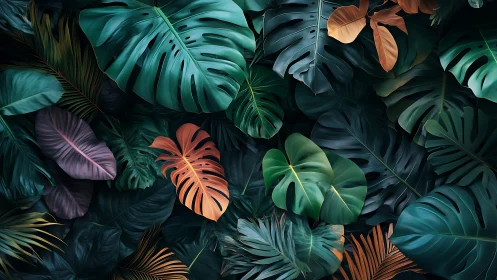 Color graded monstera foliage with teal orange contrast lighting.