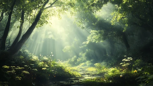Sunlit Forest Dreams: Nature's Golden Sanctuary.