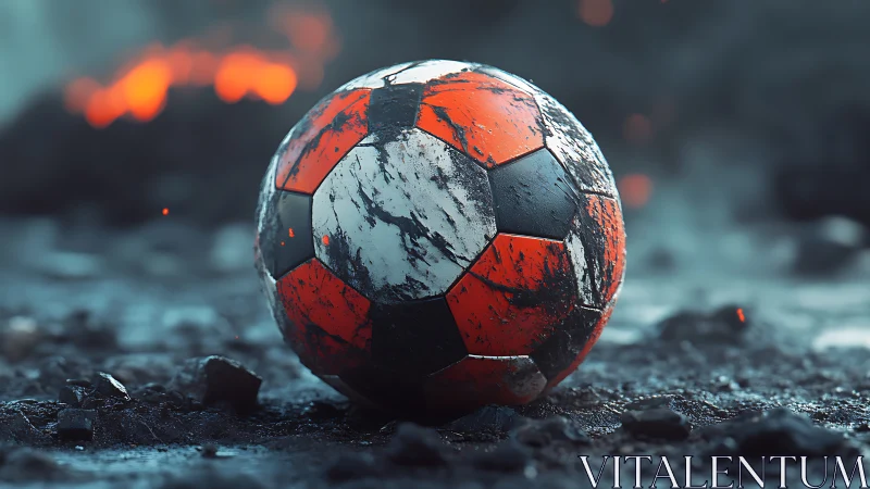 Cinematic close-up of a weathered soccer ball on scorched pitch.