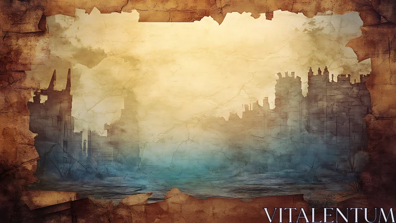 Ruined fortress skyline within weathered parchment frame.