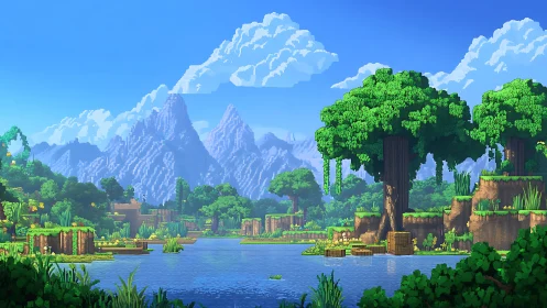 Pixel Art Valley. Blocky mountains meet serene lake water.