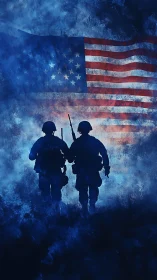 Silhouetted soldiers advance beneath textured American flag