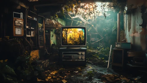 CRT television in overgrown ruin broadcasting forest portal.