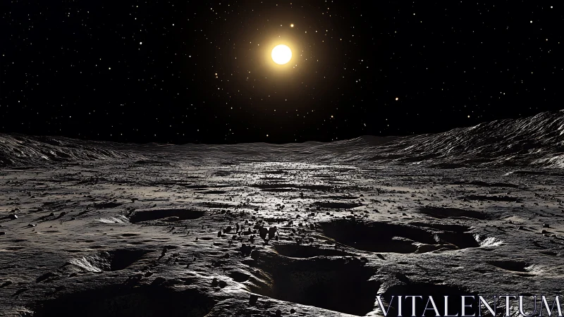 Lunar cratered horizon under high-contrast solar backlighting and starfield