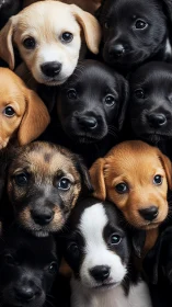 Clustered close-up of mixed-color puppies’ faces in rows.
