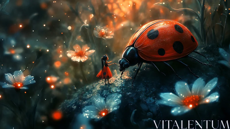 Tiny girl and giant ladybug in glowing fantasy garden.