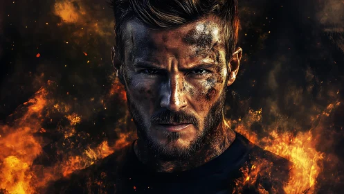 Fierce warrior locks eyes amid swirling flames and sparks