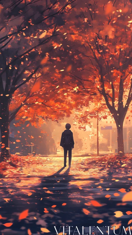 Solitary student walks beneath glowing autumn canopy at dusk.