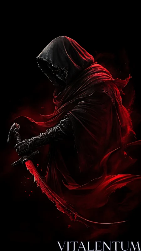 Hooded shadow warrior with red cloak and blooded blade.