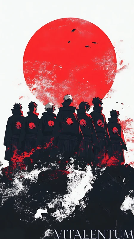 Silhouetted cloaked figures before large red sun symbol