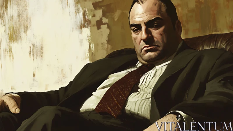 Brooding suited mob boss in moody digital portrait.