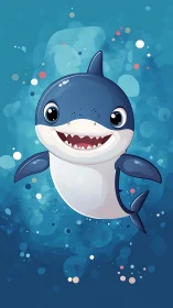Cartoon baby shark character in stylized underwater bokeh scene