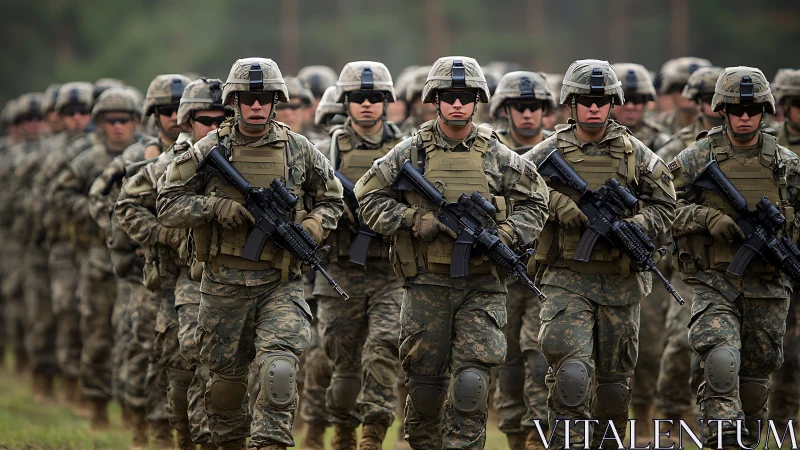 Infantry unit in combat gear marching in field formation.