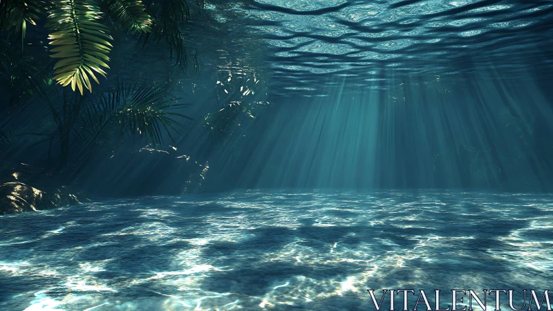 Sunlit underwater lagoon with rippling rays and plants.