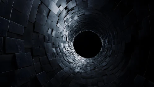 Abstract dark tunnel with textured tiles in dramatic lighting.