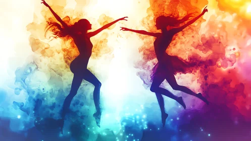 Silhouetted duet dancers amid opposing chromatic smoke plumes