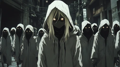 Hooded glow-eyed wanderers drift through a shadowed city.