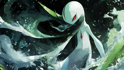 Digital painting of ethereal red-eyed entity in dynamic swirl.