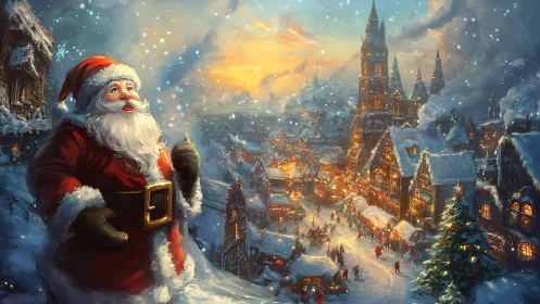 Santa surveys glowing Christmas village under snowfall.