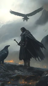 Stormy cliffside warrior calmly meets watchful ravens in firelit mist