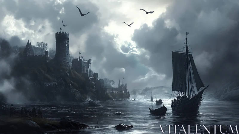 Stormy medieval harbor welcomes tall ships and dark castle