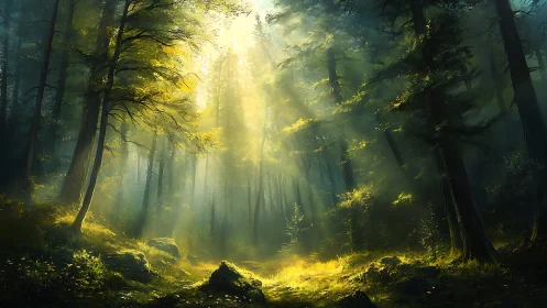 Sunlit Forest Passage: Ancient Woodland Light Rays Through Towering Trees.