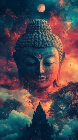 Cosmic Buddha drifts above ember clouds and temple shadows