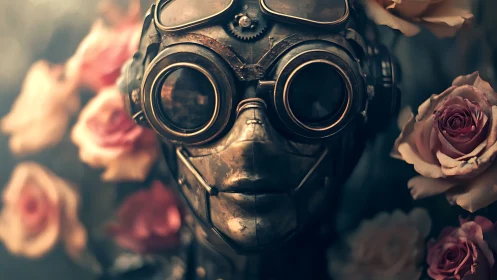 Steampunk cybernetic mask framed by cinematic blooming roses.