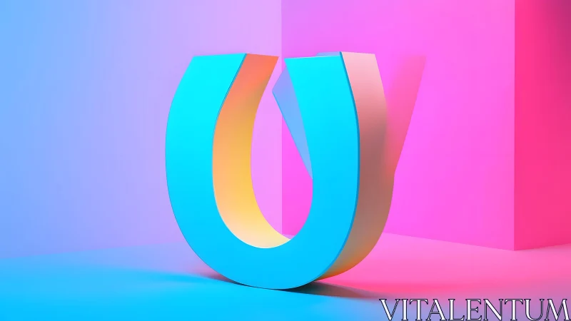 Large 3D Blue U Shape in Vibrant Neon Gradient Room.