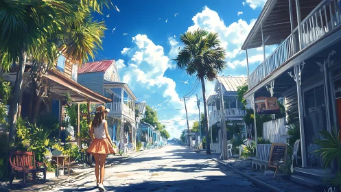 Girl walking through sunny tropical small town street scene.