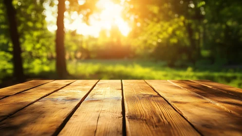 Rustic Wooden Table in Sunlit Forest, Warm Outdoor Nature Scene.