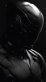 Midnight chrome sentinel broods in sculpted cyber armor.