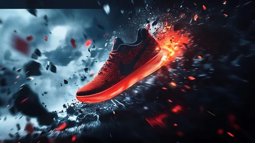 Red athletic shoe rendered in explosive dynamic environment