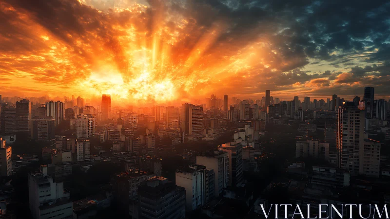 Flaming urban sunrise ignites dense high rise skyline.
