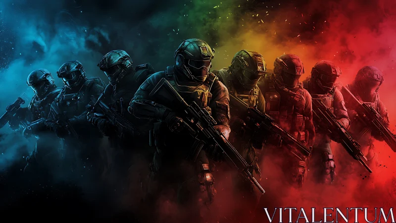 Armored tactical squad advancing through tri-color smoke.