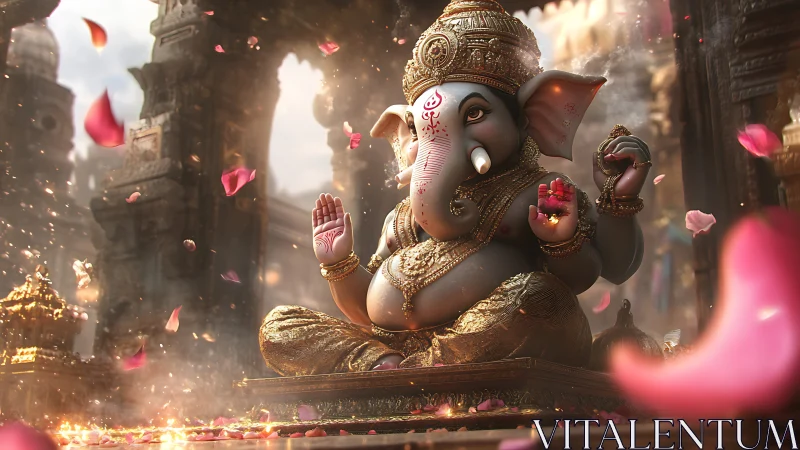 Elephant-headed deity statue in ornate temple interior space.