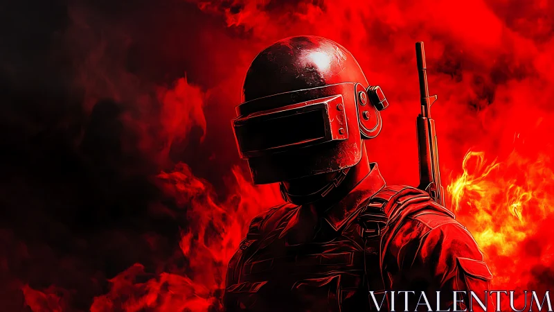 Flame-born helmeted warrior stalks through crimson blaze.