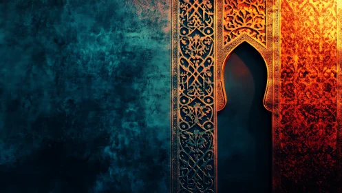 Ornate archway and textured wall divide teal and orange light
