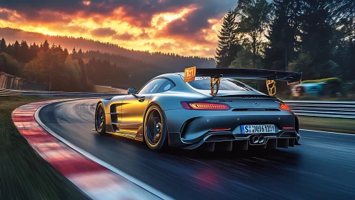 Sunset track sprint with a sleek silver race machine.