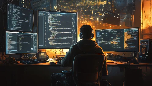 Midnight coder conducts neon-lit symphony of scrolling code