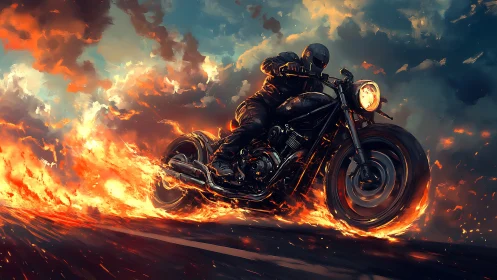 Motorcycle comet tears open a blazing highway through dusk