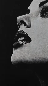 Monochrome close-up of glossy lips in dramatic profile.