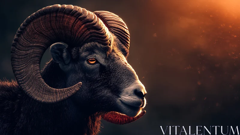 Sunlit ram profile in cinematic warm backlight glow.