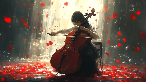 Cello of falling roses in a cathedral of molten light.