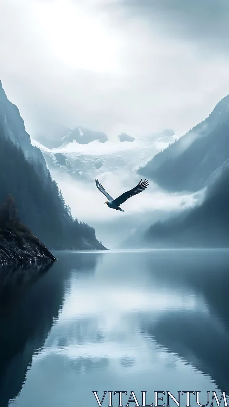 Still lake, soaring eagle, and soft blue mountain mist.