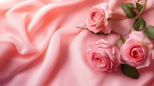Pink Garden Roses on Silken Fabric with Emerald Foliage.