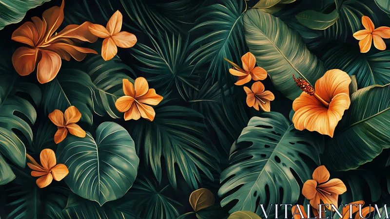 Lush tropical leaves cradle glowing orange jungle blossoms