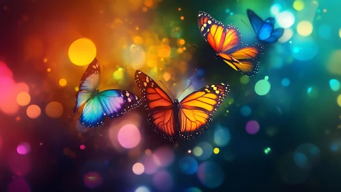 Multiple butterflies appear against a defocused multicolor background