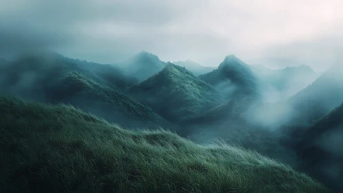 Layered misty ridgeline with dense grass textures and soft diffusion