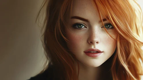 Photorealistic red-haired portrait with soft depth-of-field lighting.